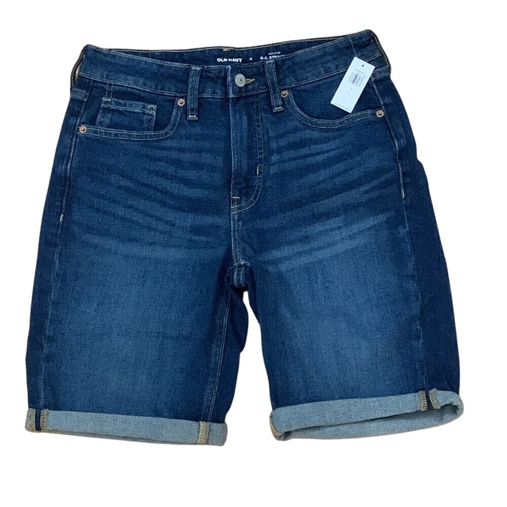 Old Navy OG Straight High-Rise Denim Bermuda Shorts Dark Wash 4 875263-00-1
